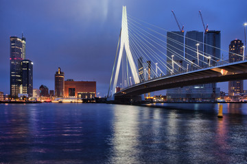 City of Rotterdam Downtown Skyline at Night in Holland, Netherlands
