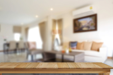Empty wood table space platform and living room background.  Product display montage Concept.