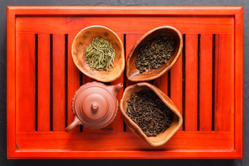 Set of teapot and three kinds of tea in chahe
