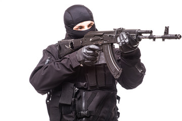 Fototapeta premium Armed man with gun on white background
