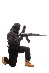 army soldier man portrait show sign to move on studio isolated on white background