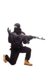 army soldier man portrait show sign to move on studio isolated on white background