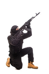 army soldier man with gun aim up on studio isolated on white background