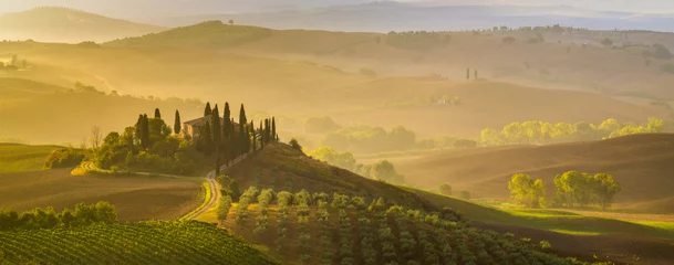 Deurstickers Wijngaard Sprookjesachtige, mistige ochtend in het meest pittoreske deel van Toscane, val de orcia valleien