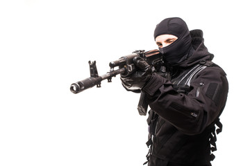 Modern soldier with rifle aim isolated on a white background