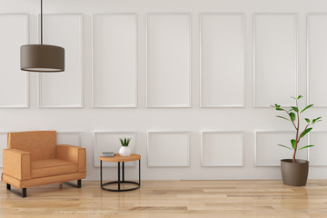 Fototapeta na wymiar living room with single sofa in the white room design in 3D rendering