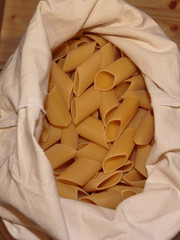 Mezze Penne, Raw Italian Pasta in White Sack
