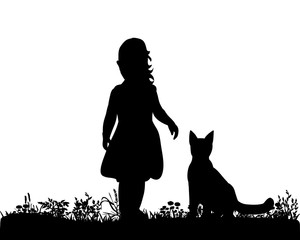  silhouette girl with cat