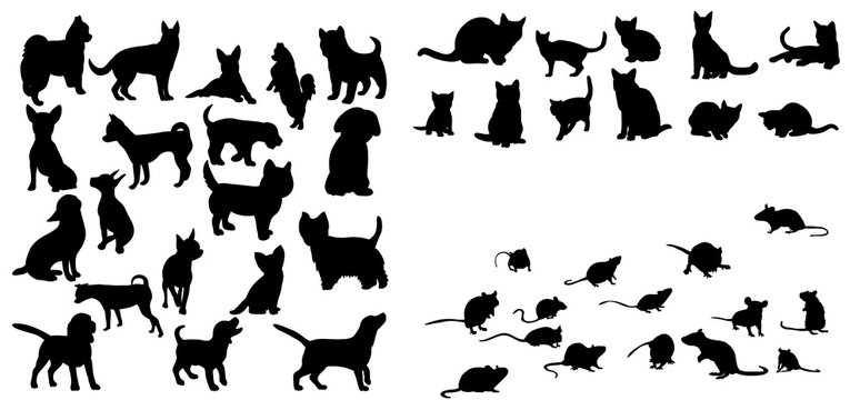 Illustration, vector, silhouette of cats dog and mouse set