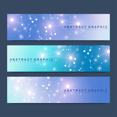 Modern scientific set of vector banners. Geometric abstract presentation. Molecule DNA and communication background for medicine, science, technology, chemistry. Cybernetic dots. Lines plexus.