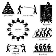Team Building Activities. Artwork depicts team building games that include human pyramid, tennis ball transfer, wall climbing, trust circle, stacking cups, caterpillar wheel, and walking planks. 