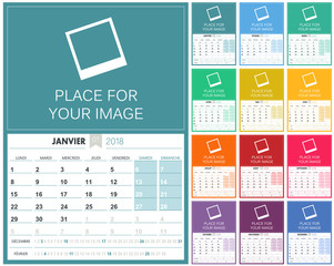 French Calendar 2018 / French planning calendar 2018, set of 12 months January - December, week starts on Monday, colorful calendar template, vector illustration
