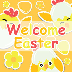 Easter card with cute chick, flower and colorful egg on orange background for Easter postcard, wallpaper, and greeting card