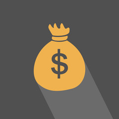 Money bag flat icon with long shadow on blue gray. Vector illustration.