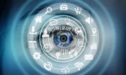 Foto op Plexiglas Close-up of woman eye using multimedia network 3D rendering © sdecoret