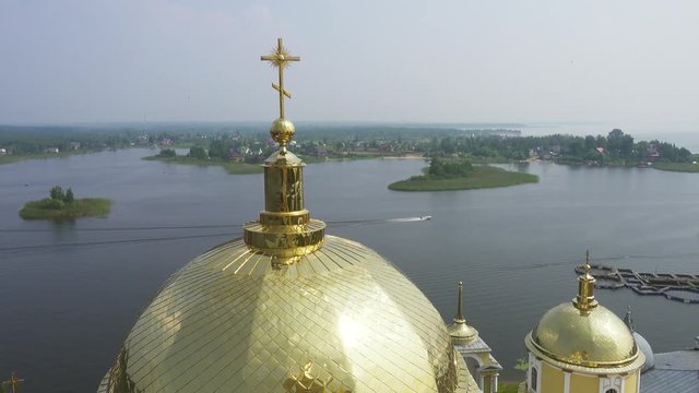 Aerial view on Nilo-Stolobensky (Nil) deserts - Orthodox monastery and the lake Seliger, Tver region, Russia, 4k
