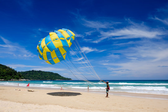 Kata Noi Beach, Phuket, Thailand - July 16, 2016: Parasailing at kata noi beach in Phuket..