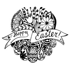Hand drawn lettering calligraphy style Happy Easter. Floral card with eggs and fantasy flowers. Hand written Easter eggs greeting card composition black on white background.