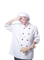 Young woman chef overwhelmed, she has a lot of probems