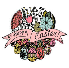 Hand drawn lettering calligraphy style Happy Easter. Floral card with eggs and fantasy flowers. Hand written Easter eggs greeting card composition black on white background.
