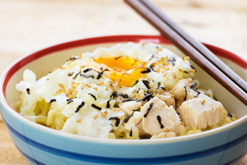 Korea Instant Noodles in Ceramic Bowl with Chopstick on Wood Table Daylight