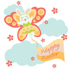 Vector cartoon of cute bunny with butterfly custom for Easter postcard, greeting card and wallpaper