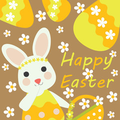 Vector cartoon of cute bunny bring basket and yellow egg for Easter postcard, greeting card and wallpaper
