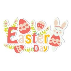 Vector cartoon of cute bunny, flowers and colorful egg for Easter postcard, greeting card and sticker