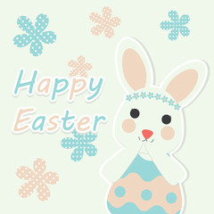 Vector cartoon of cute bunny with blue and pink flowers for Easter postcard, greeting card and wallpaper