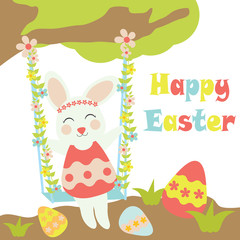 Vector cartoon of cute bunny swings behind tree and colorful egg for Easter postcard, greeting card and wallpaper