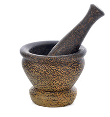 wooden mortar with pestle on a white background