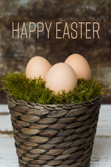 Three Easter eggs in a moss basket, happy easter concept, retro Easter background