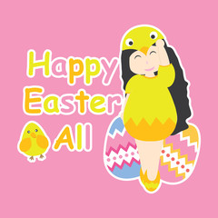 Vector cartoon of cute girl wear chick custom and colorful egg for Easter postcard, greeting card, and wallpaper