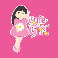 Vector cartoon of cute girl on pink background for Spring postcard, greeting card, and wallpaper