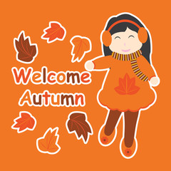 Vector cartoon of cute girl and maple leaves for Autumn postcard, greeting card, and wallpaper