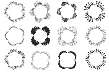 set of hand drawn doodle wreaths. Vector hand drawn illustration black and white.  Design elements for cards, flyers