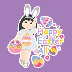 Vector cartoon of cute girl wear bunny custom and colorful egg for Easter postcard, greeting card, and wallpaper