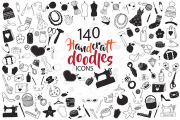 Big set of hand drawn handcraft doodles. Vector hand drawn illustration black and white.  Design elements for cards, flyers