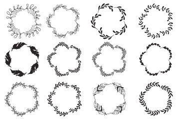set of hand drawn doodle wreaths. Vector hand drawn illustration black and white.  Design elements for cards, flyers