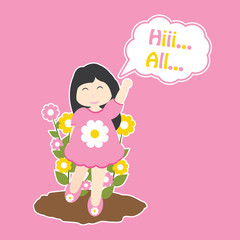 Vector cartoon of cute girl say hi to all for greeting card, and postcard