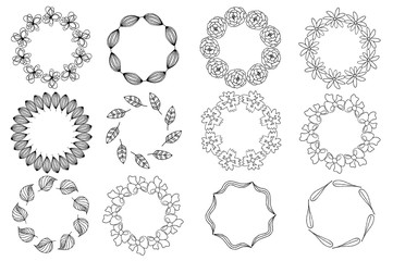 set of hand drawn doodle wreaths. Vector hand drawn illustration black and white.  Design elements for cards, flyers