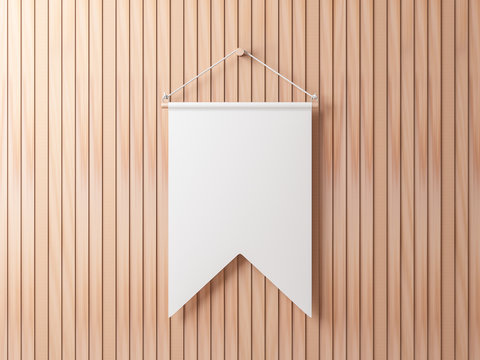 Blank White pennant hanging on wooden wall, 3d rendering
