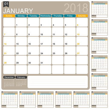 Calendar 2018 / English calendar template, set of 12 months, week starts on Sunday, vector illustration