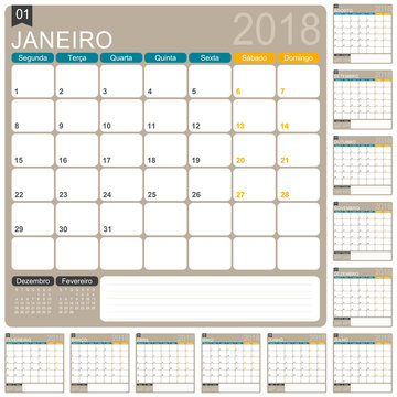 Calendar 2018 / Portuguese calendar template, set of 12 months, week starts on Monday, vector illustration