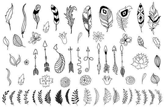 Set of arrows, flowers, leaves and feathers in native indian style. Vector hand drawn illustration isolated on white background. Boho, coloring book, design elements for cards, flyers