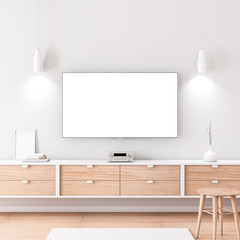 Smart Tv Mockup with white screen hanging on the white wall in modern living room. 3d rendering