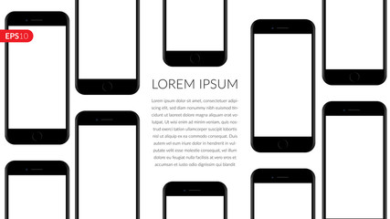 Smartphone, mobile, phone mockup composition isolated on white background with blank screen. Front view back realistic vector illustration black phones for printing and web element.