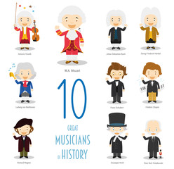 Kids Vector Characters Collection: Set of 10 Great Musicians of History in cartoon style. - obrazy, fototapety, plakaty