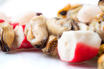 Frozen seafood mix of shrimps surimi mussels and octopus