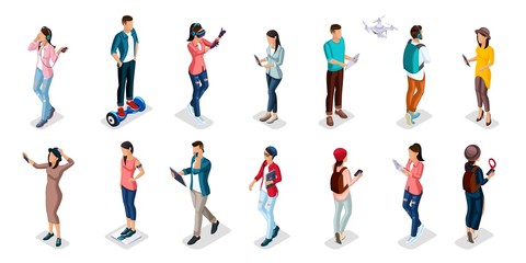 Fototapeta na wymiar Trendy Isometric people and gadgets, teenagers, young people, students, using hi tech technology, mobile phones, pad, laptops, make selfie, smart watches, virtual games, navigators isolated